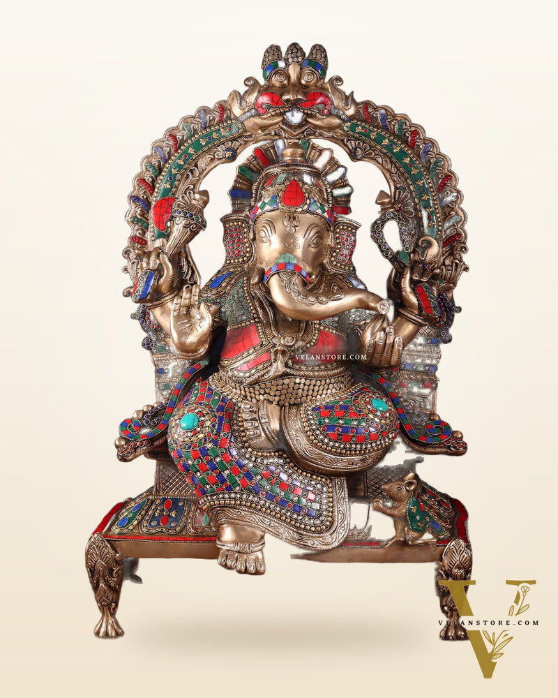 Brass Ganesha on King Size statue with stonework - 28"