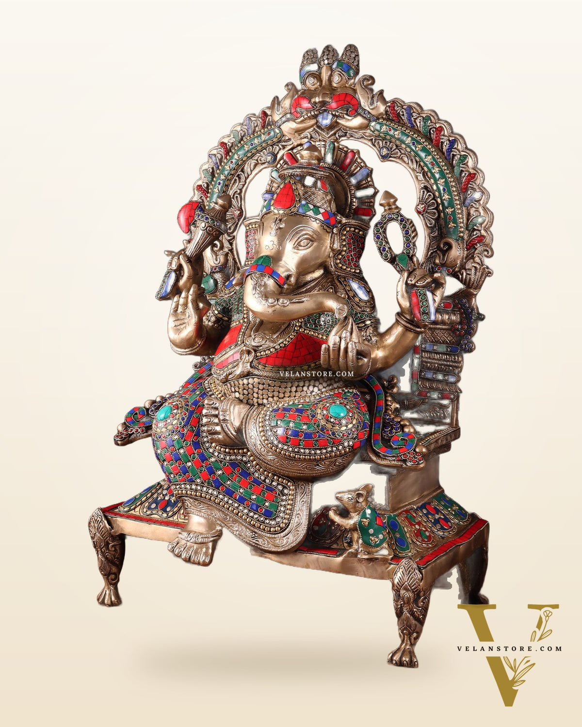 Brass Ganesha on King Size statue with stonework - 28"