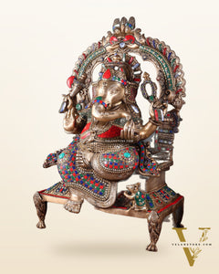 Brass Ganesha on King Size statue with stonework - 28"