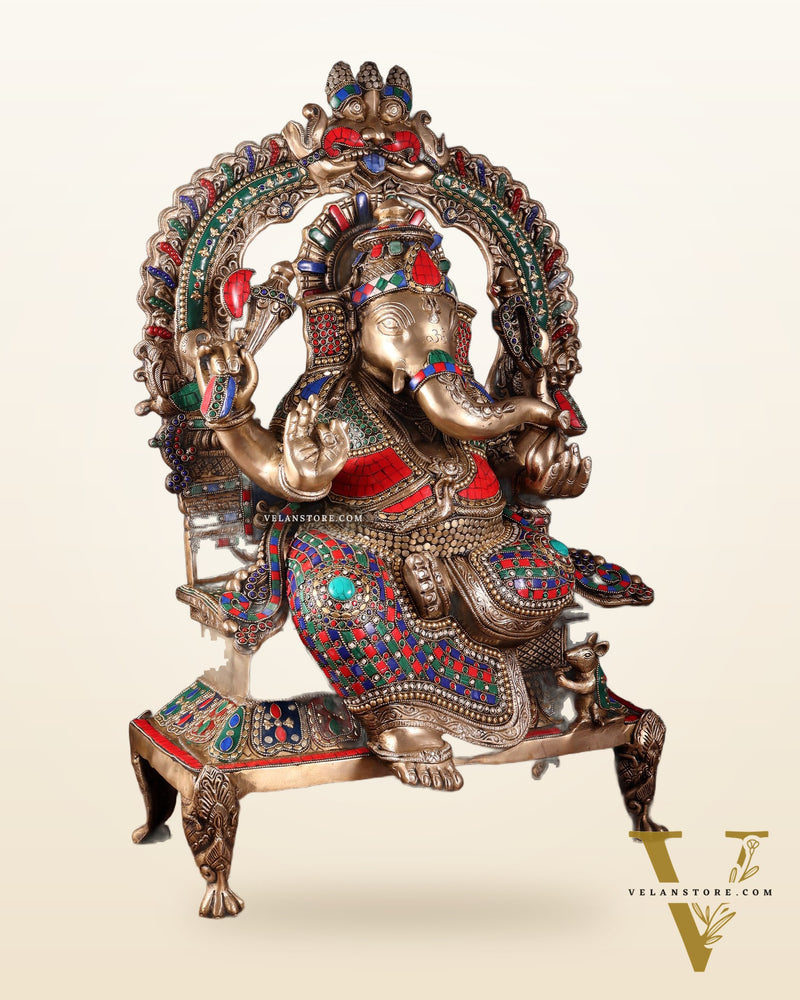 Brass Ganesha on King Size statue with stonework - 28"
