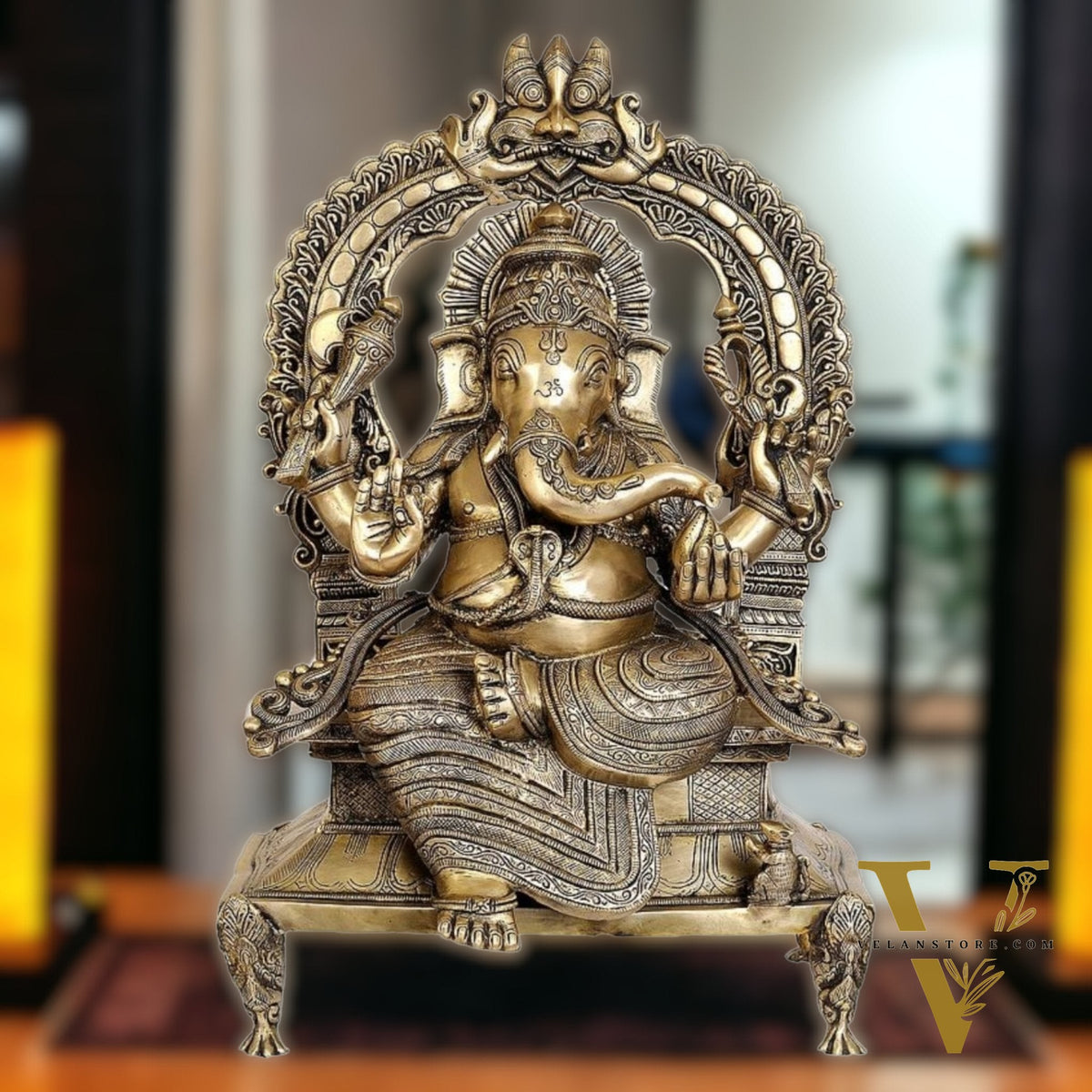 Brass Ganesha on King Size Throne with Prabhavali Arch - 28"
