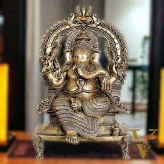 Brass Ganesha on King Size Throne with Prabhavali Arch - 28"