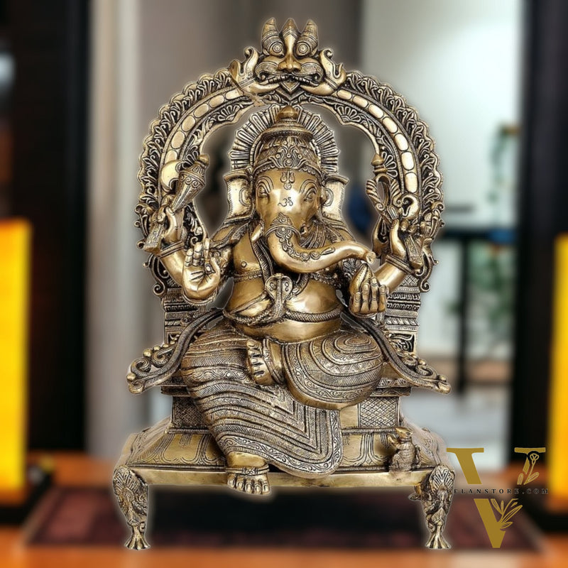 Brass Ganesha on King Size Throne with Prabhavali Arch - 28"