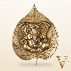 Brass Ganesha on Leaf Wall Hanging - 7 inch