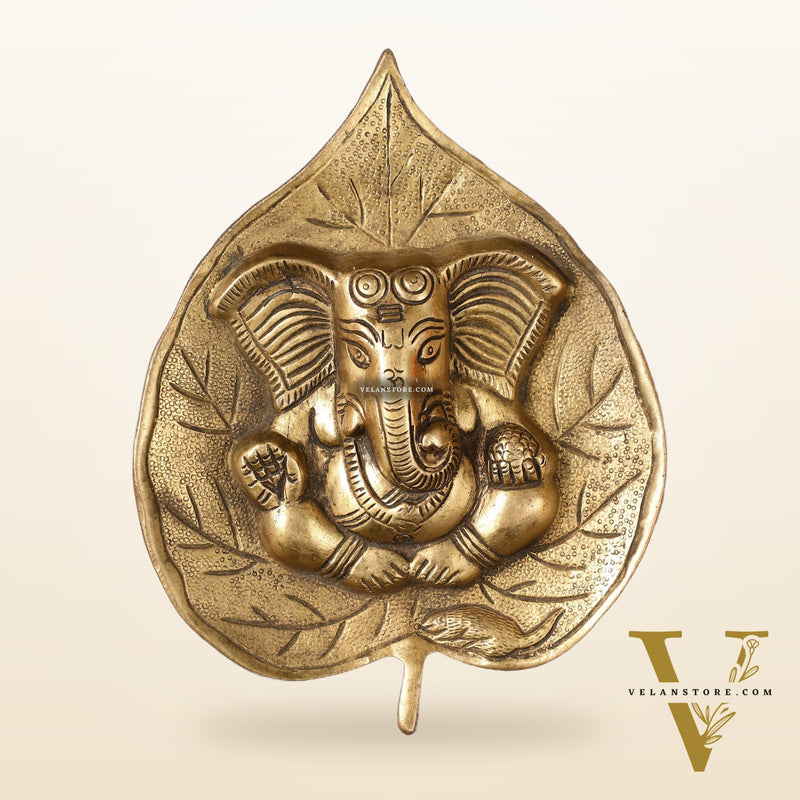 Brass Ganesha on Leaf Wall Hanging - 7 inch