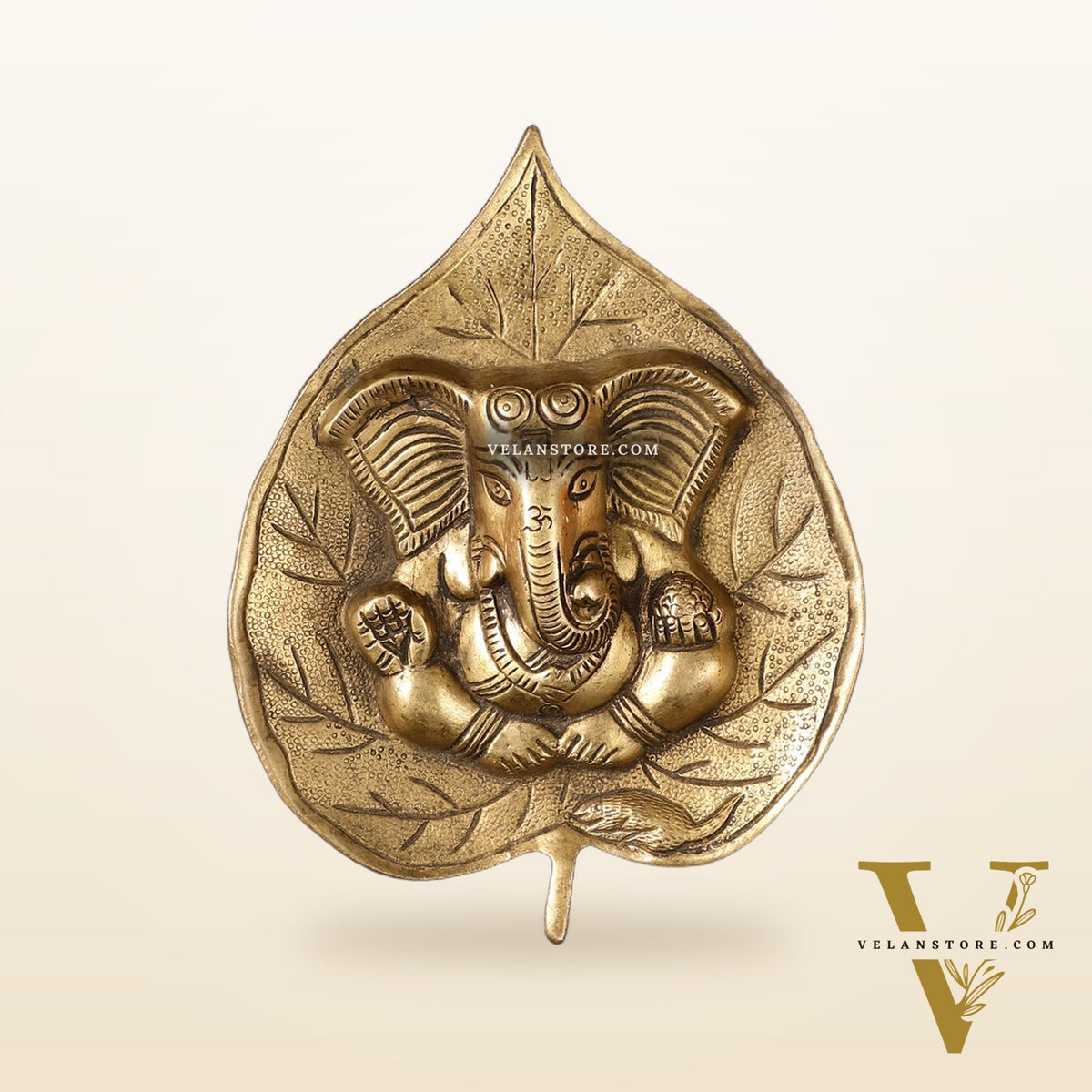 Brass Ganesha on Leaf Wall Hanging - 7 inch