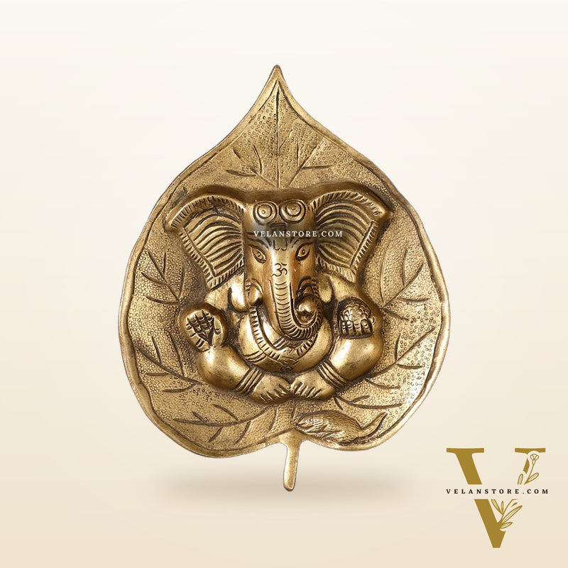 Brass Ganesha on Leaf Wall Hanging - 7 inch