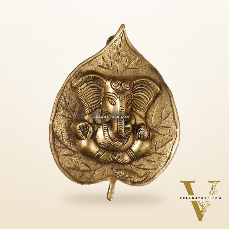 Brass Ganesha on Leaf Wall Hanging - 7 inch