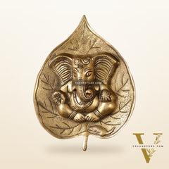 Brass Ganesha on Leaf Wall Hanging - 7 inch