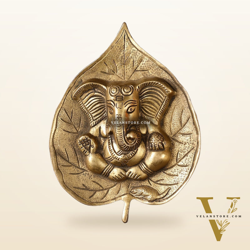 Brass Ganesha on Leaf Wall Hanging - 7 inch