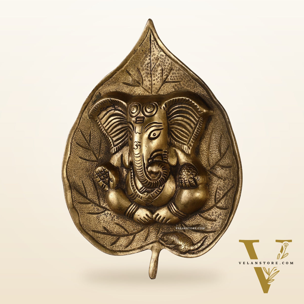 Brass Ganesha on Leaf Wall Hanging - 7 inch