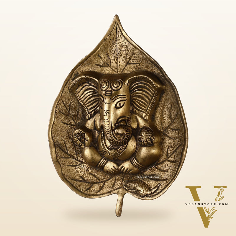 Brass Ganesha on Leaf Wall Hanging - 7 inch
