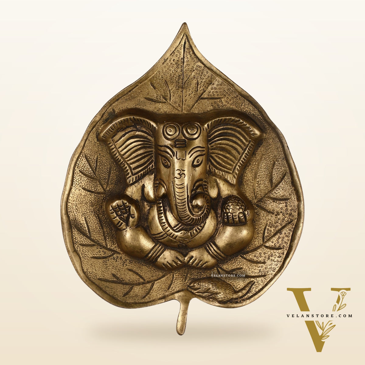 Brass Ganesha on Leaf Wall Hanging - 7 inch
