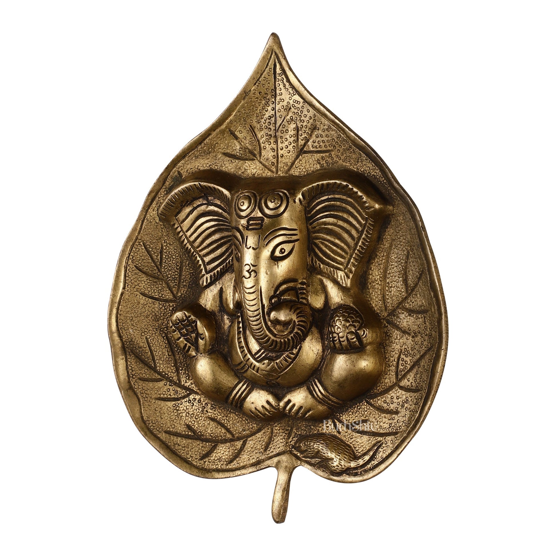 Brass Ganesha on Leaf Wall Hanging - 7 inch