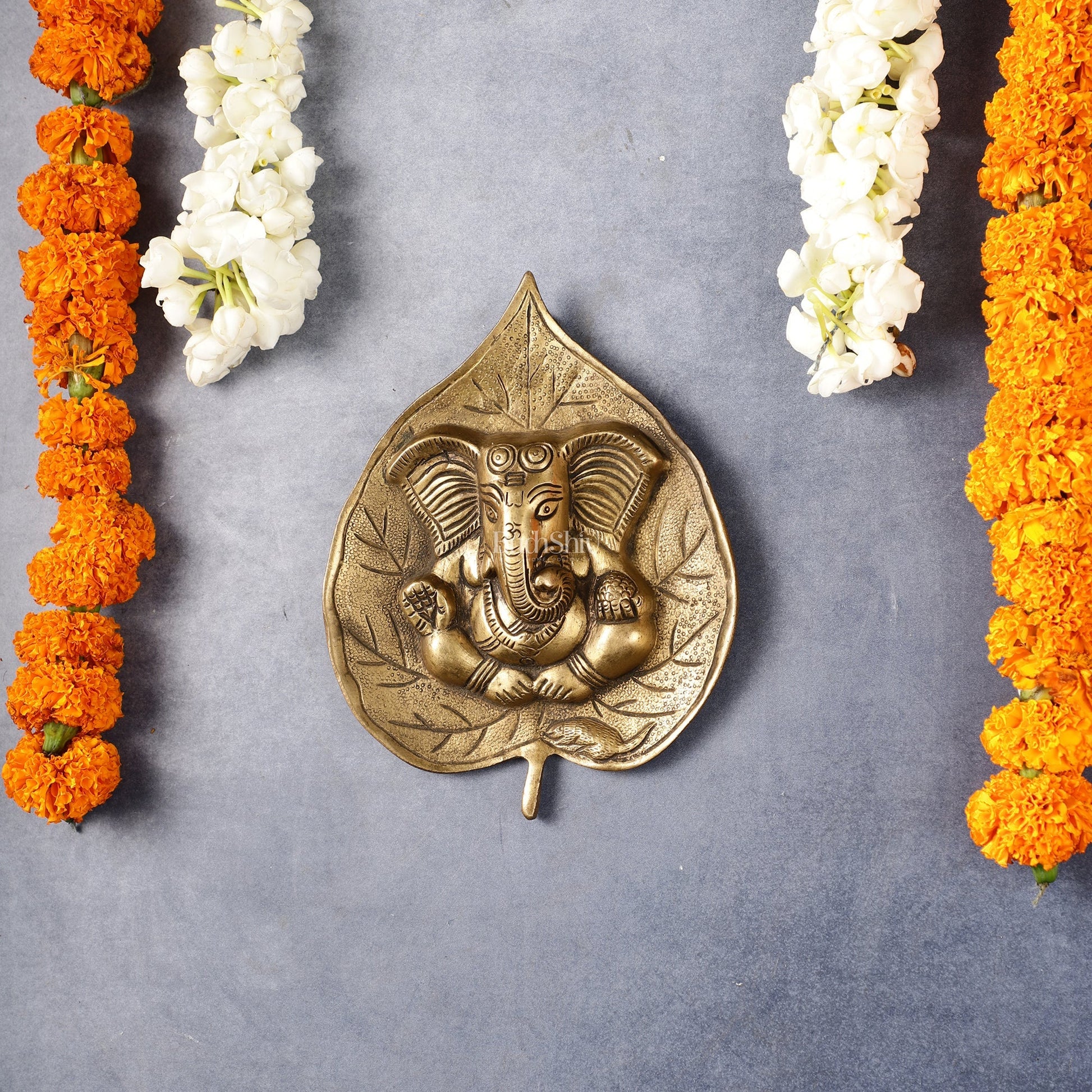 Brass Ganesha on Leaf Wall Hanging - 7 inch