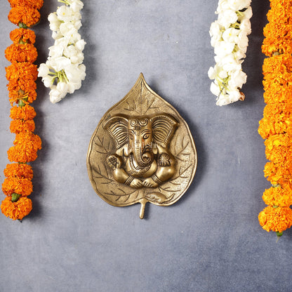 Brass Ganesha on Leaf Wall Hanging - 7 inch