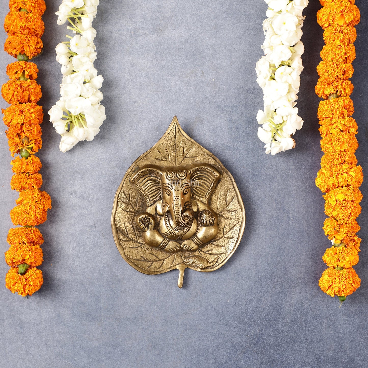 Brass Ganesha on Leaf Wall Hanging - 7 inch