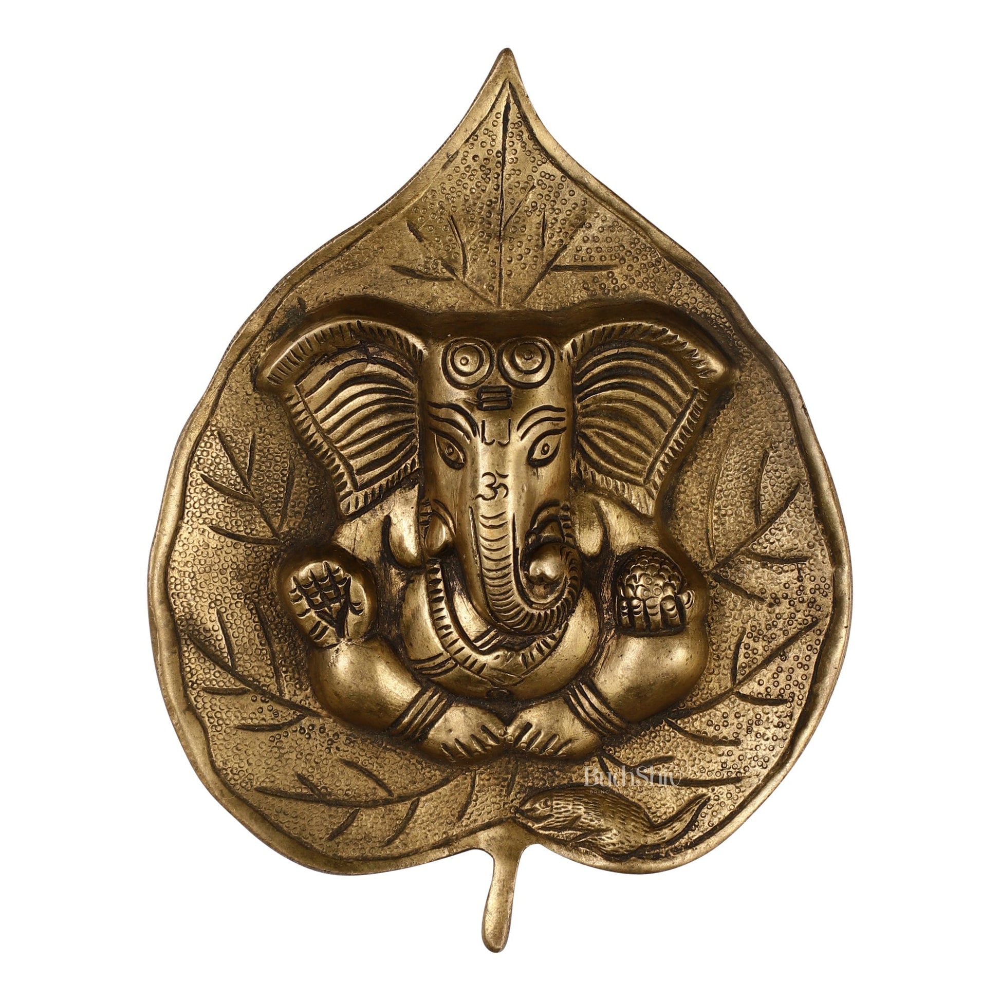 Brass Ganesha on Leaf Wall Hanging - 7 inch