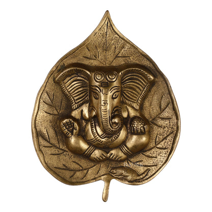 Brass Ganesha on Leaf Wall Hanging - 7 inch
