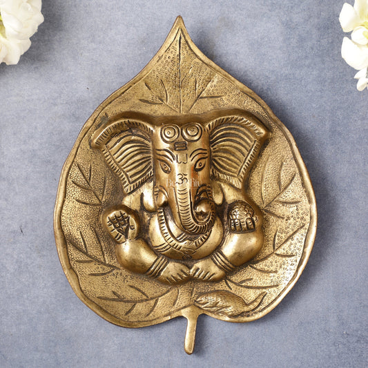 Brass Ganesha on Leaf Wall Hanging - 7 inch