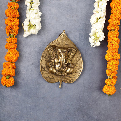 Brass Ganesha on Leaf Wall Hanging - 7 inch
