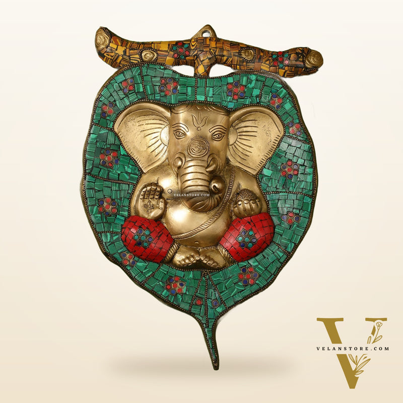 Brass Ganesha on Leaf Wall Hanging with Stonework - 13 x 9 inch