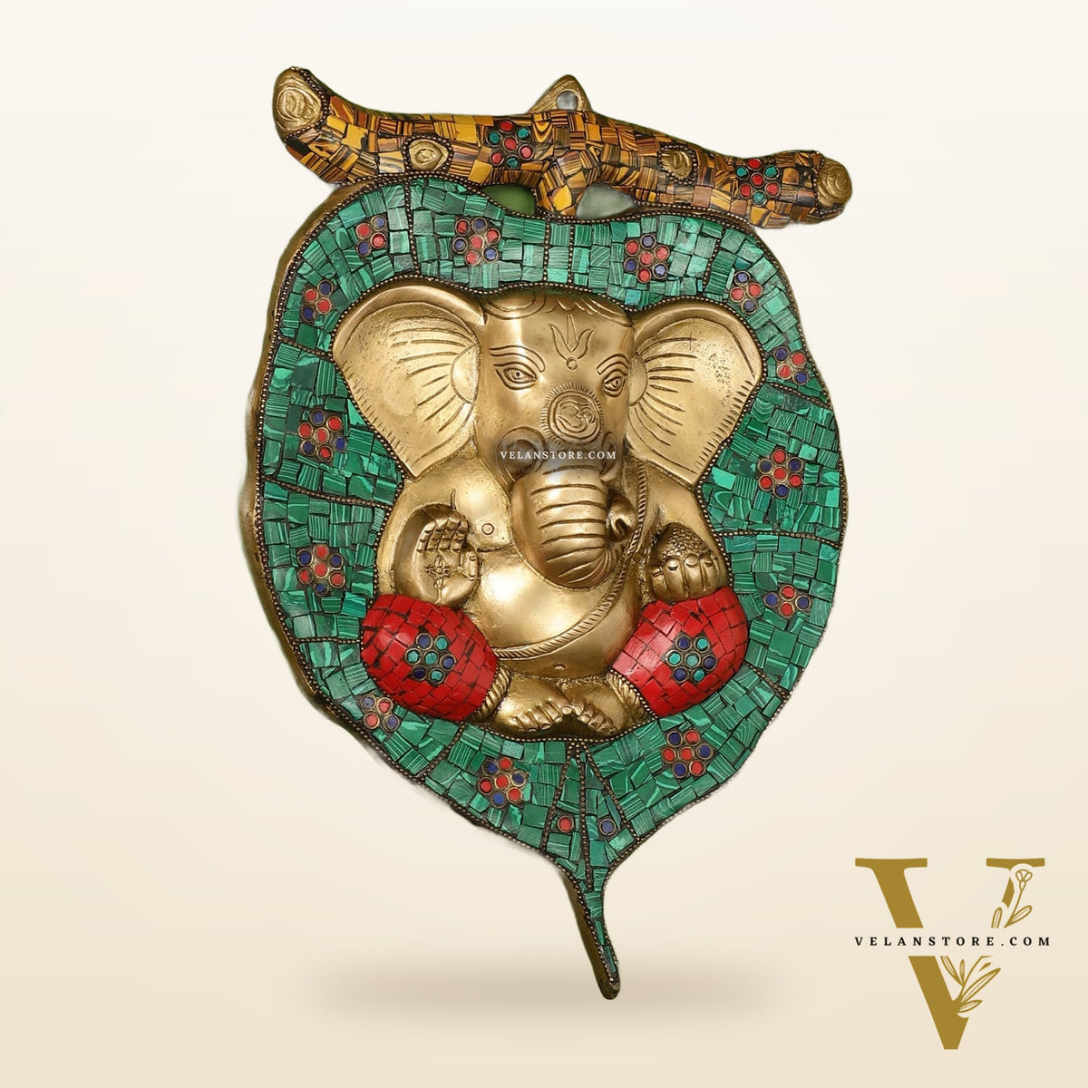 Brass Ganesha on Leaf Wall Hanging with Stonework - 13 x 9 inch