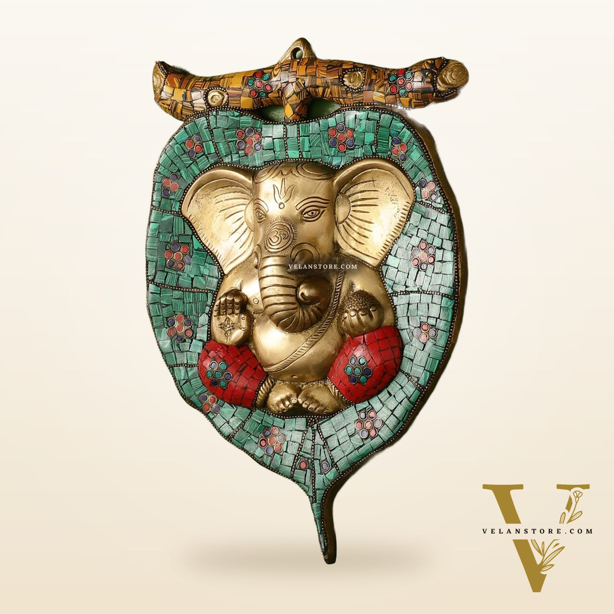 Brass Ganesha on Leaf Wall Hanging with Stonework - 13 x 9 inch