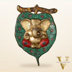 Brass Ganesha on Leaf Wall Hanging with Stonework - 13 x 9 inch