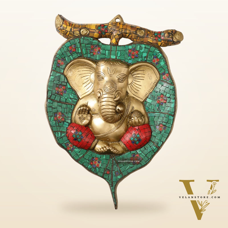 Brass Ganesha on Leaf Wall Hanging with Stonework - 13 x 9 inch
