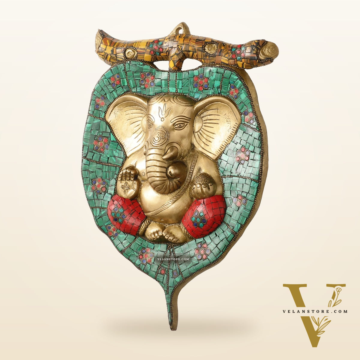 Brass Ganesha on Leaf Wall Hanging with Stonework - 13 x 9 inch