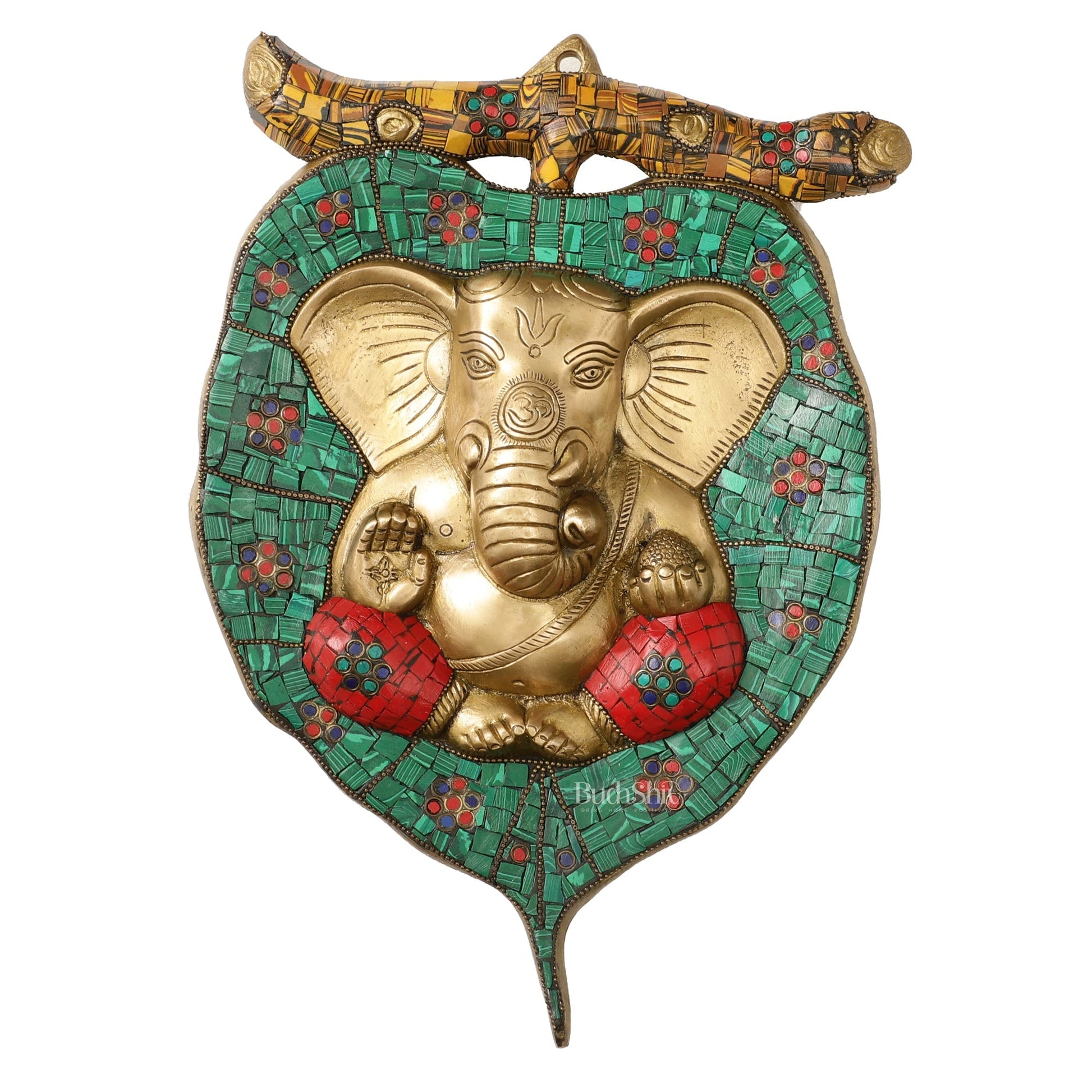 Brass Ganesha on Leaf Wall Hanging with Stonework - 13 x 9 inch