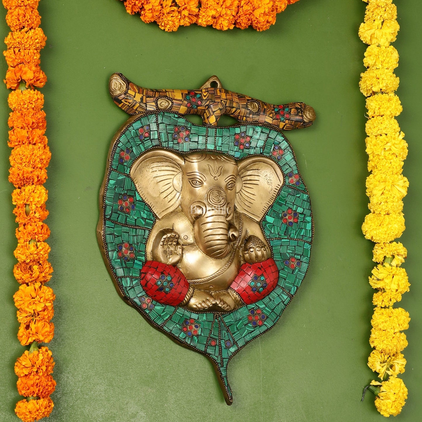 Brass Ganesha on Leaf Wall Hanging with Stonework - 13 x 9 inch
