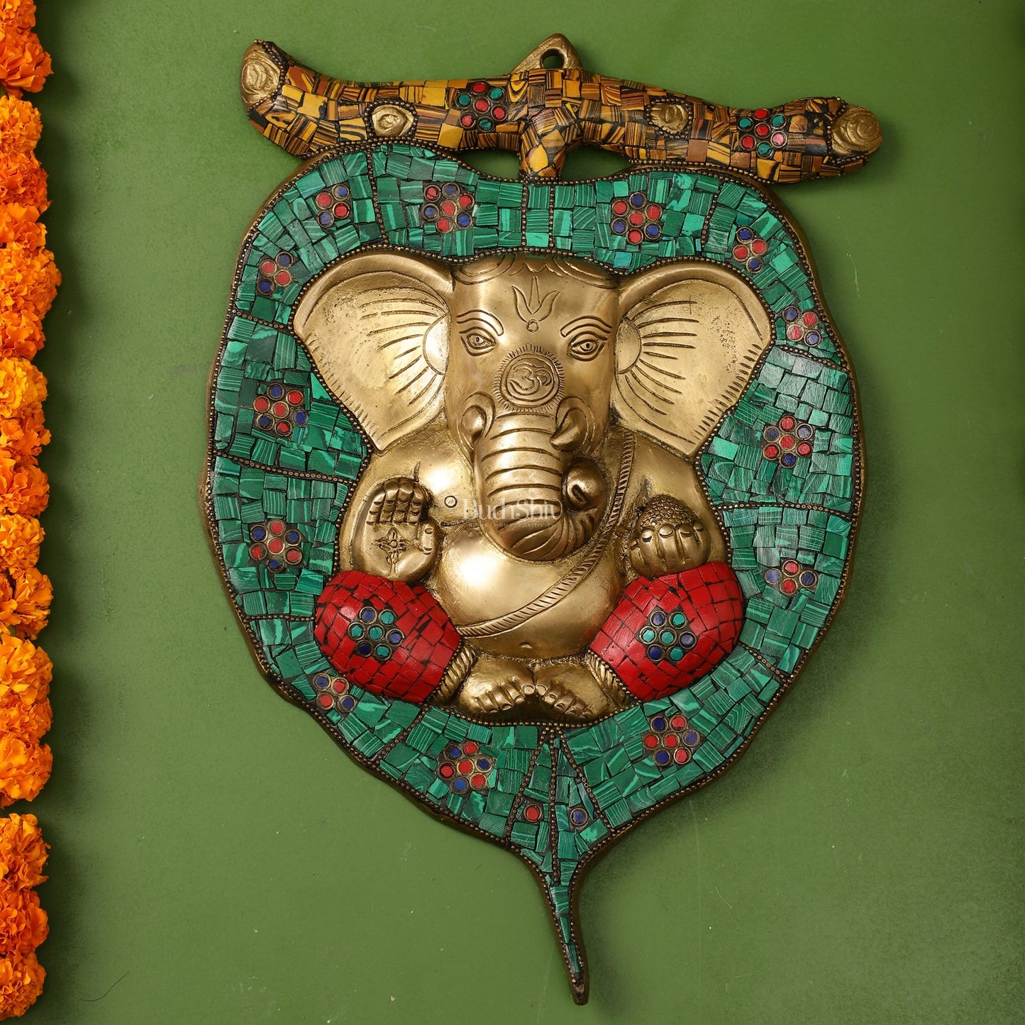 Brass Ganesha on Leaf Wall Hanging with Stonework - 13 x 9 inch