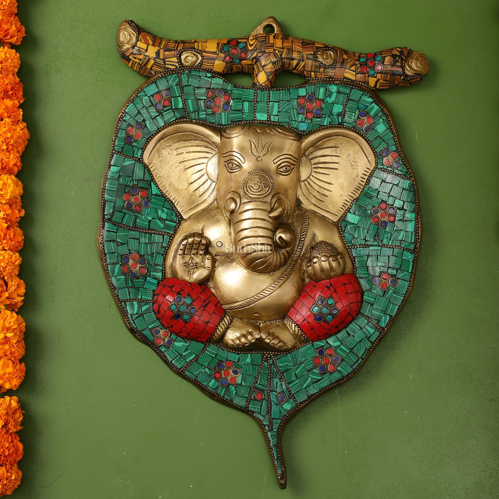 Brass Ganesha on Leaf Wall Hanging with Stonework - 13 x 9 inch