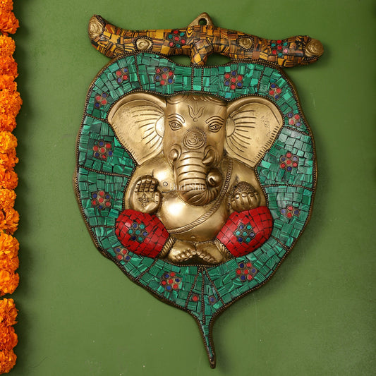 Brass Ganesha on Leaf Wall Hanging with Stonework - 13 x 9 inch