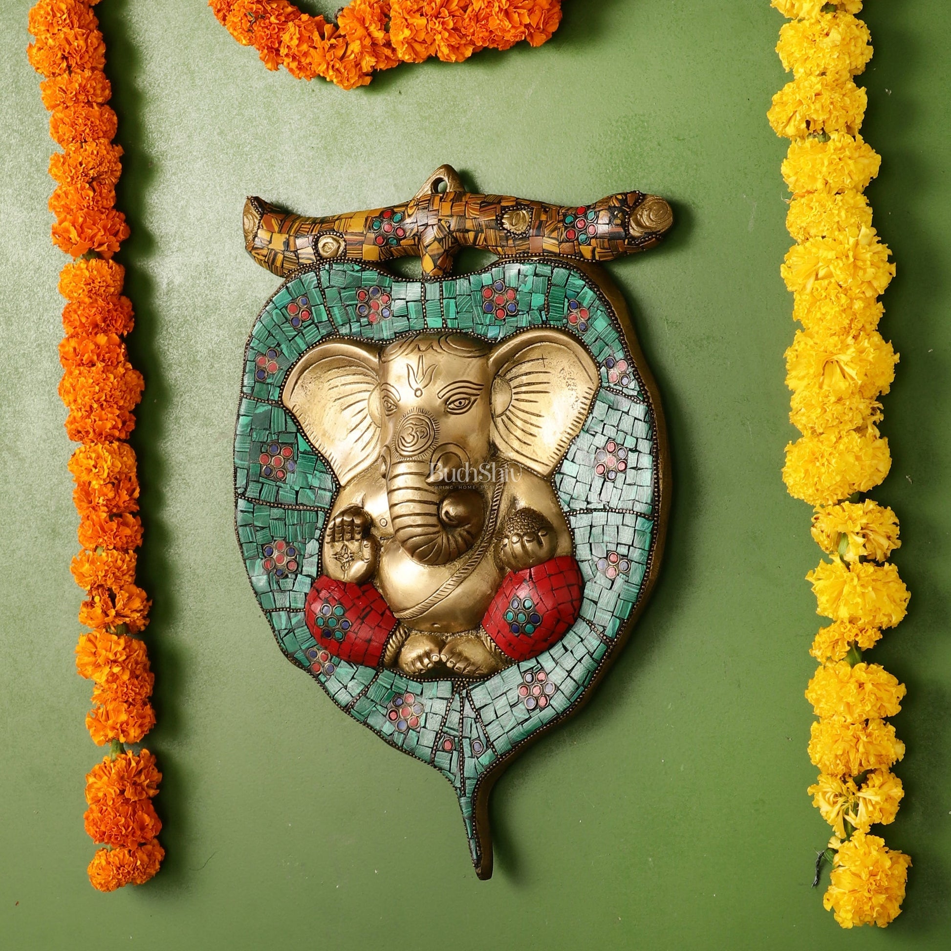 Brass Ganesha on Leaf Wall Hanging with Stonework - 13 x 9 inch