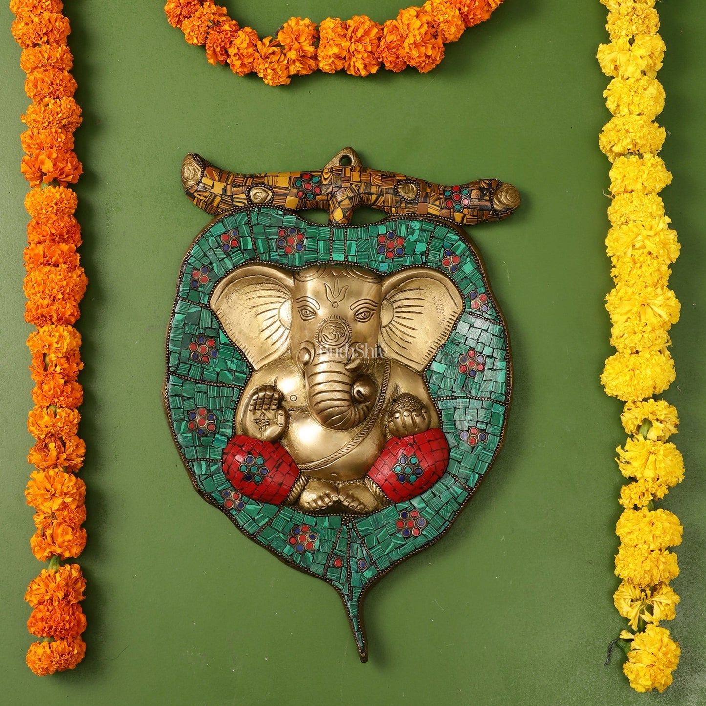 Brass Ganesha on Leaf Wall Hanging with Stonework - 13 x 9 inch