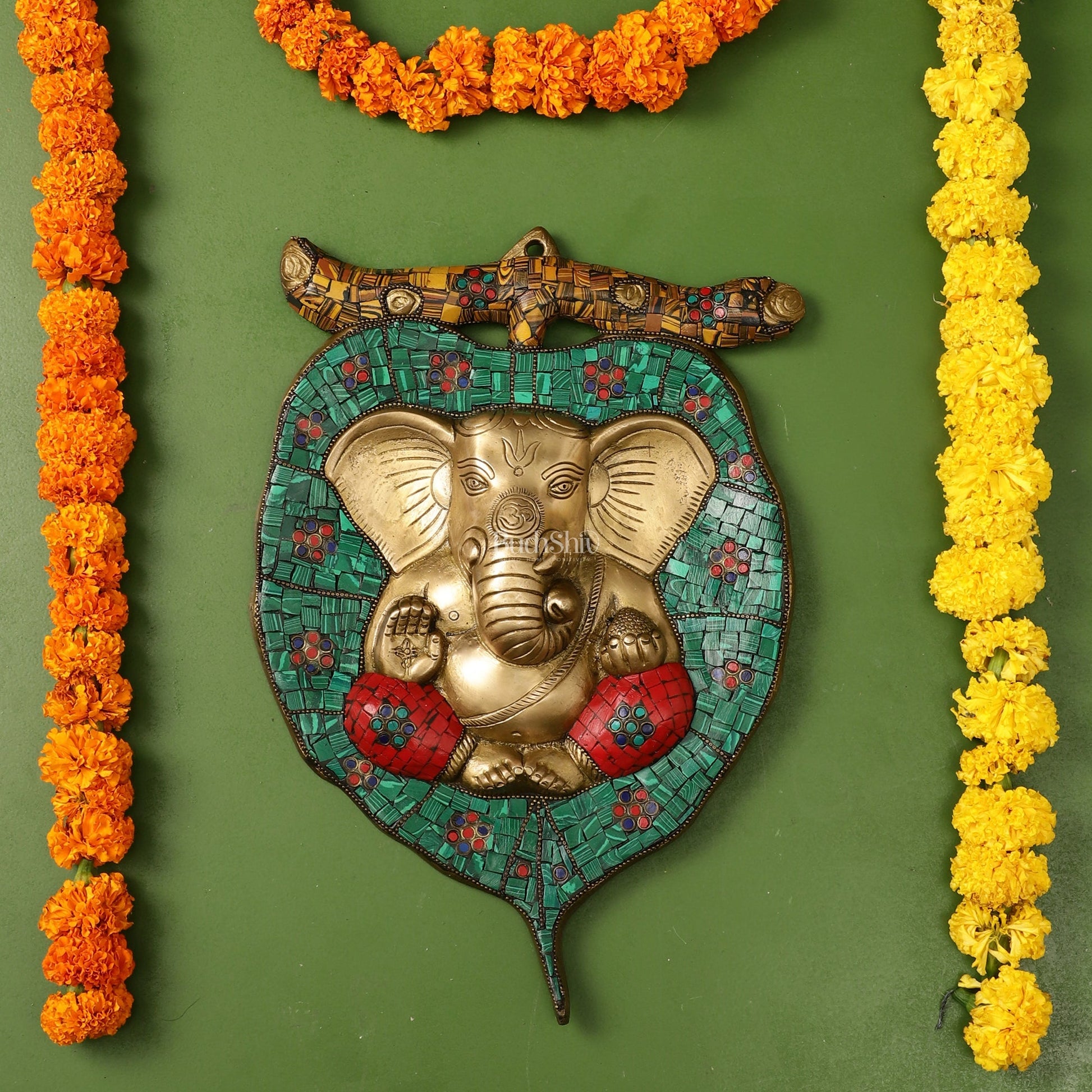 Brass Ganesha on Leaf Wall Hanging with Stonework - 13 x 9 inch