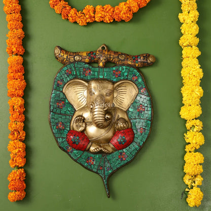 Brass Ganesha on Leaf Wall Hanging with Stonework - 13 x 9 inch