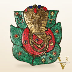 Brass Ganesha on Leaf Wall Hanging with Stonework - 8.5x7 inch