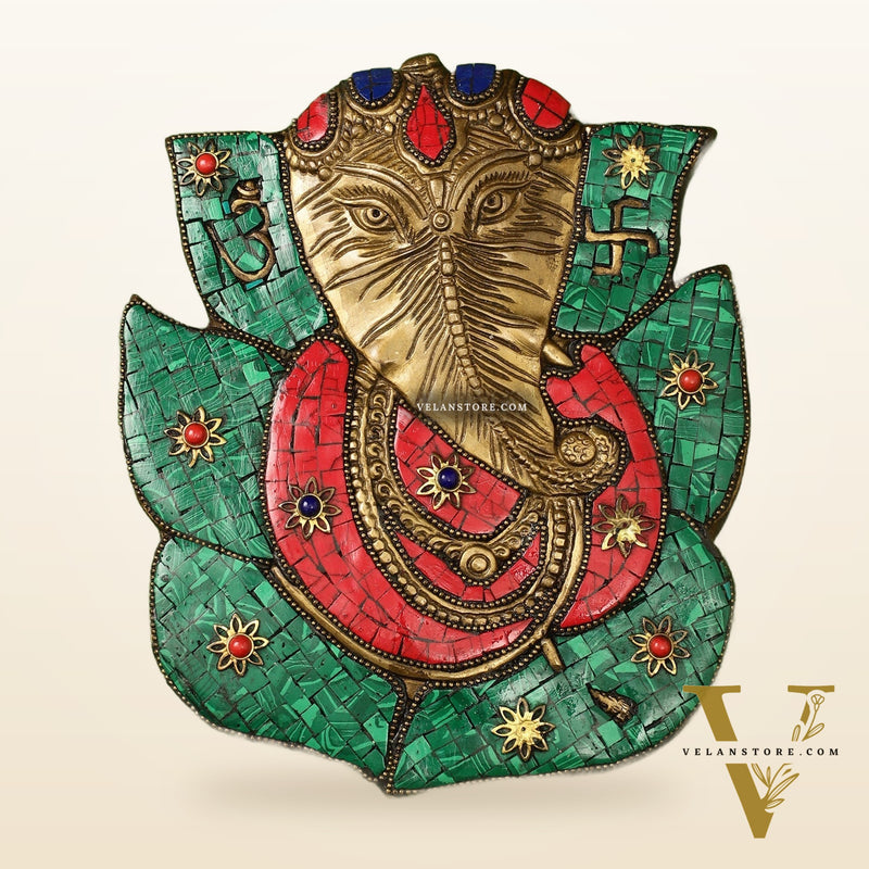 Brass Ganesha on Leaf Wall Hanging with Stonework - 8.5x7 inch