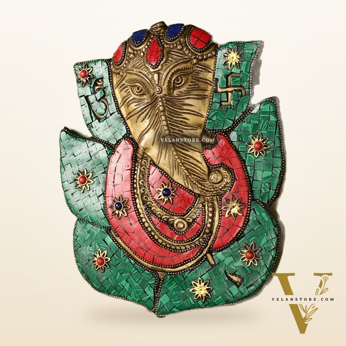 Brass Ganesha on Leaf Wall Hanging with Stonework - 8.5x7 inch