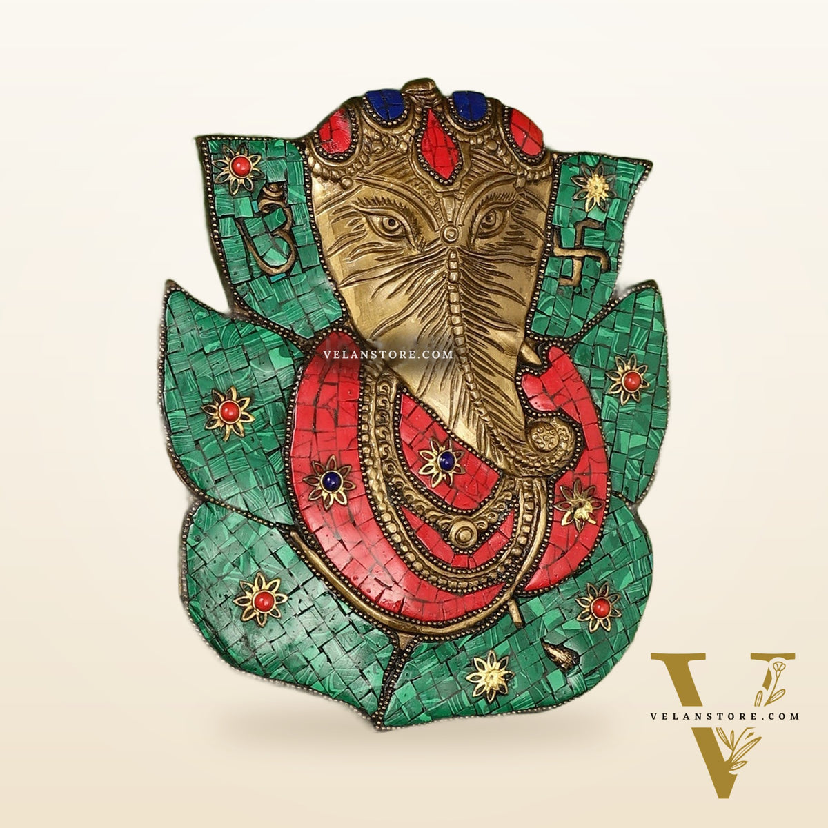 Brass Ganesha on Leaf Wall Hanging with Stonework - 8.5x7 inch