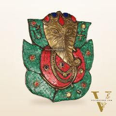Brass Ganesha on Leaf Wall Hanging with Stonework - 8.5x7 inch