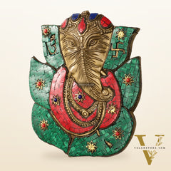 Brass Ganesha on Leaf Wall Hanging with Stonework - 8.5x7 inch