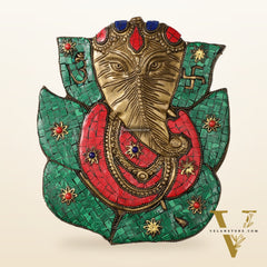 Brass Ganesha on Leaf Wall Hanging with Stonework - 8.5x7 inch