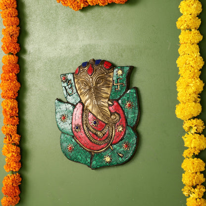 Brass Ganesha on Leaf Wall Hanging with Stonework - 8.5x7 inch