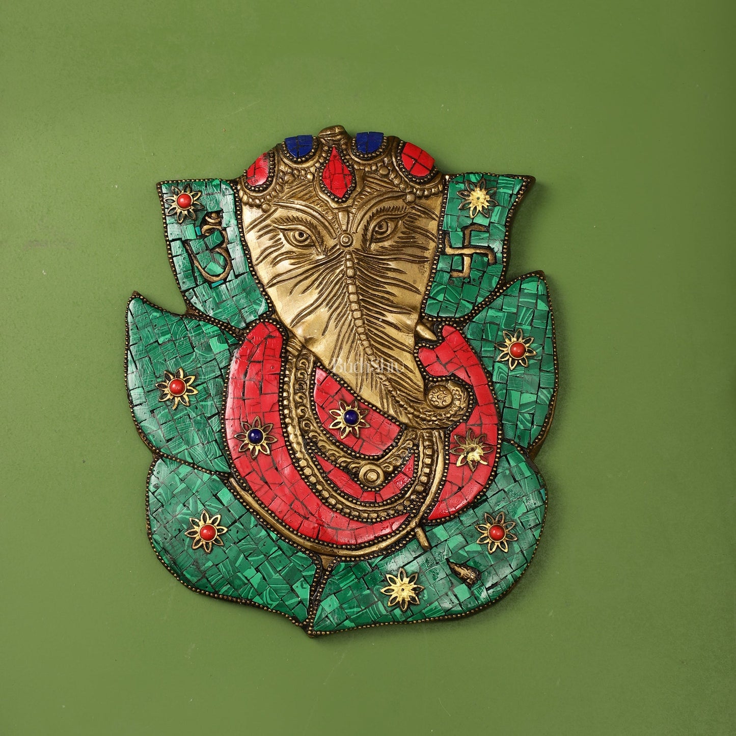 Brass Ganesha on Leaf Wall Hanging with Stonework - 8.5x7 inch