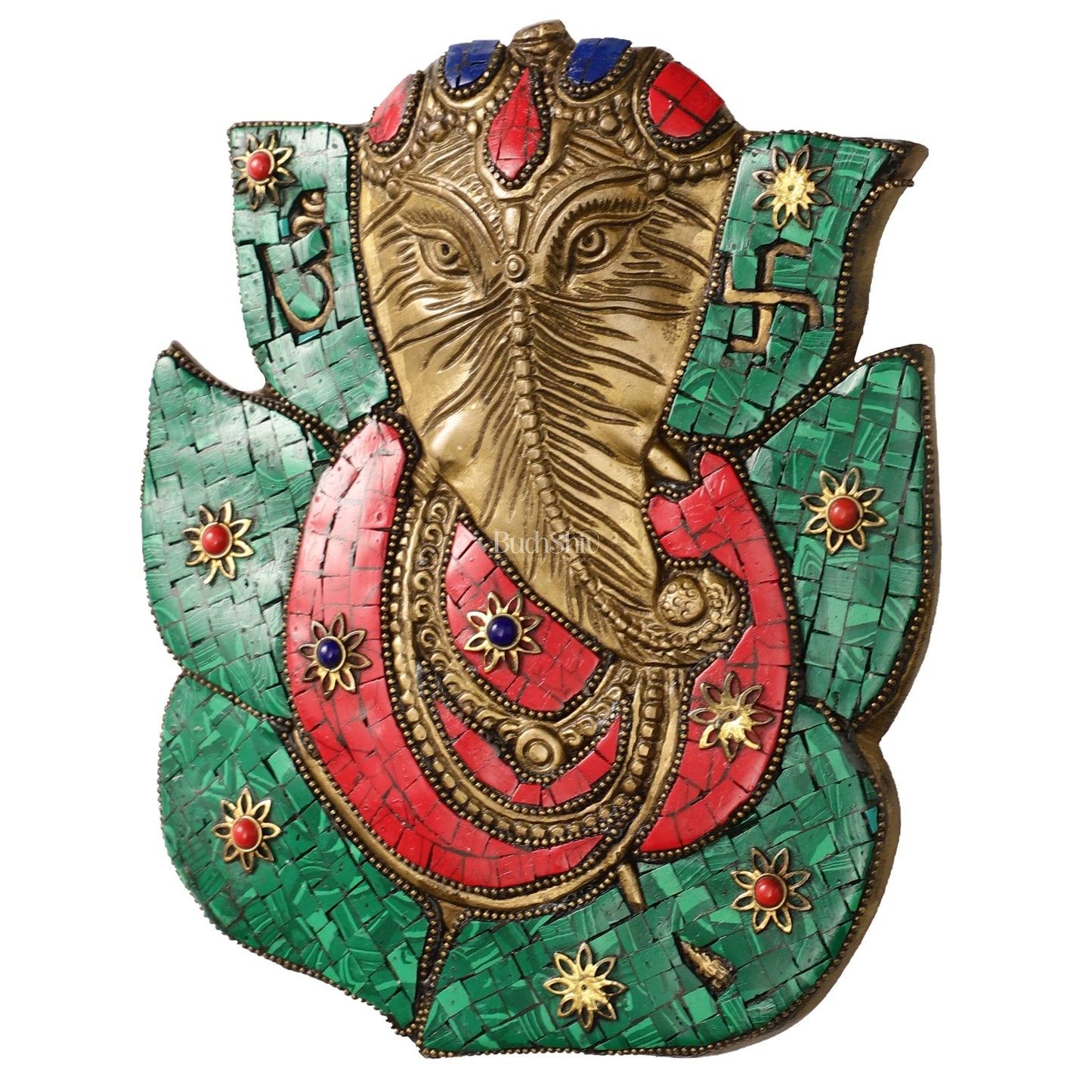 Brass Ganesha on Leaf Wall Hanging with Stonework - 8.5x7 inch
